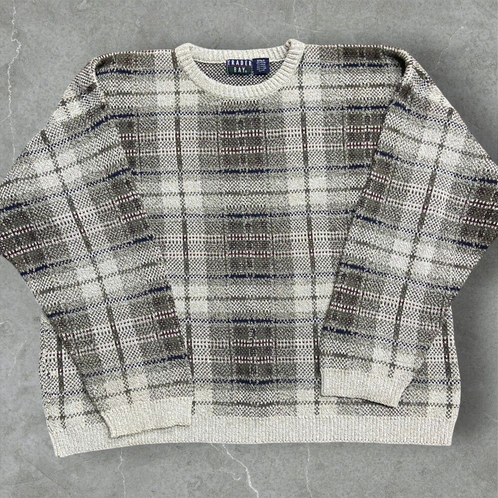 Trader Bay Vintage 90s Crewneck Plaid Tan Brown Cotton Sweater Men's Size 2XLT